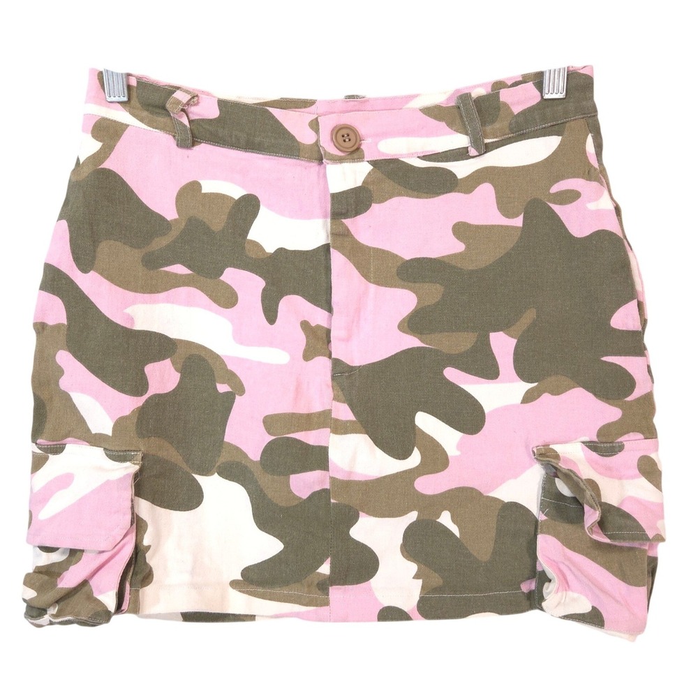 Y2K Pink Camo Cargo Mini Skirt Large Utility Combat Streetwear Cotton Stretch